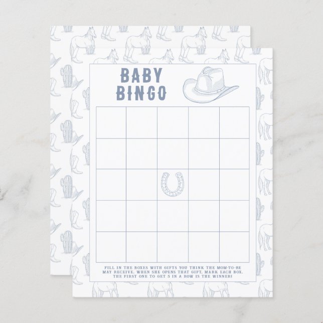 Papier Cowboy Baby shower Bingo jeu (Devant / Derrière)