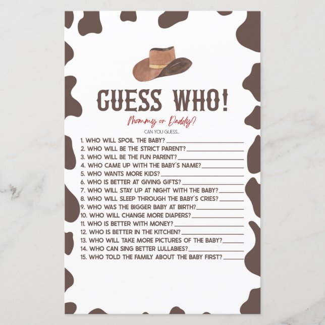 Papier Cowboy Rodeo Western Devins Qui Baby shower Jeu (Devant)