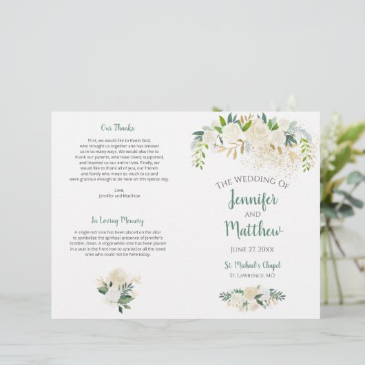 Papier Cream White Roses Gold Parties scintillant Program (Debout devant)