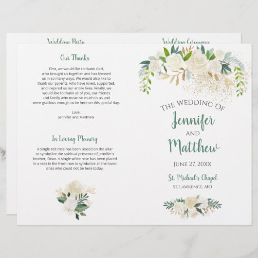 Papier Cream White Roses Gold Parties scintillant Program (Devant / Derrière)