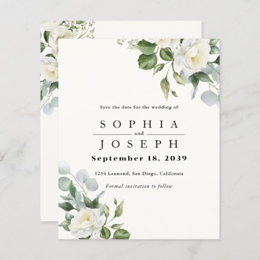 Papier Creamy Floral Eucalyptus Wedding Save the date (Devant / Derrière)