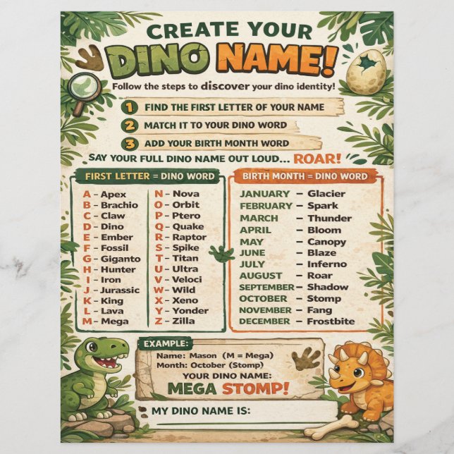 Papier Create Your Name Dinosaur Party Game (Devant)
