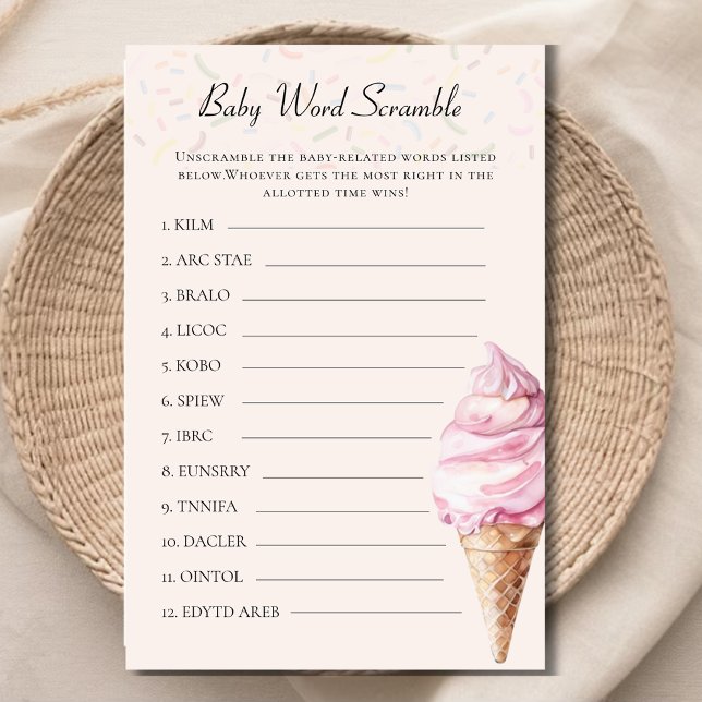 Papier Crème de glace rose Bébé Mot Scramble Jeu (Créateur téléchargé)