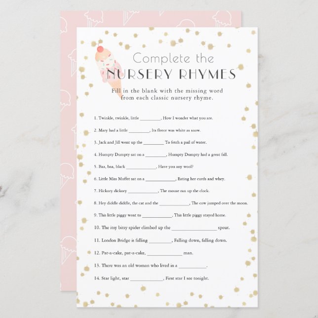 Papier Crème glacée rose Baby shower Nursery Rhymes (Devant / Derrière)