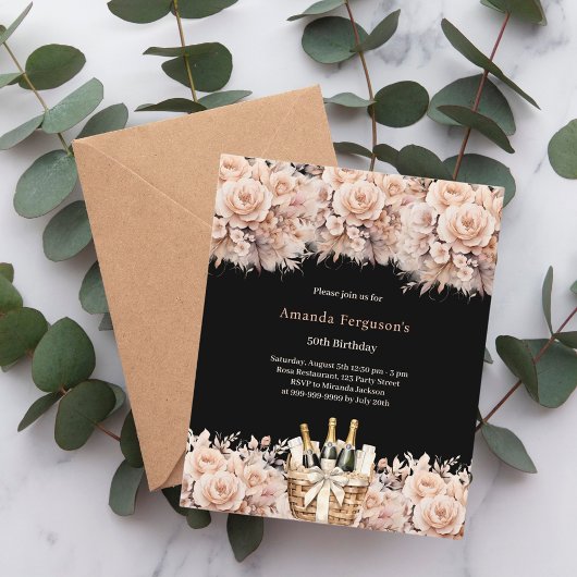 Papier Crème noire rose florales boho invitation annivers