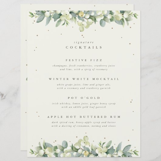 Papier Crème Snowberry+Eucalyptus Mariage Boissons/Bar Me (Devant / Derrière)