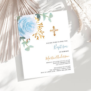 Papier Croix florale bleu budget baptême invitation