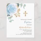 Papier Croix florale bleu budget baptême invitation (Devant)