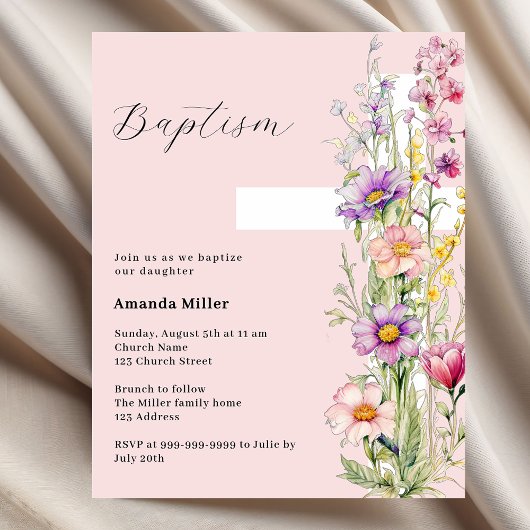 Papier Croix florale rose fille Baptême invitation