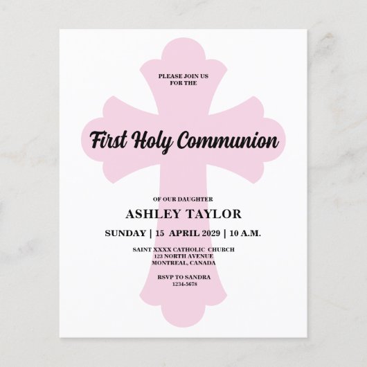 Papier Croix rose pâle Première communion sainte Invitati (Devant)