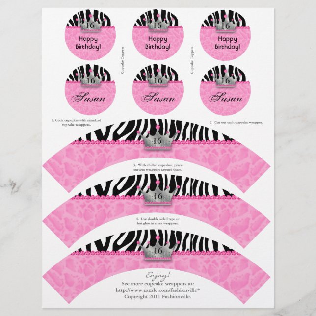 Papier Cupcake Wrappers Princess Crown Zebra avec toppers (Devant)