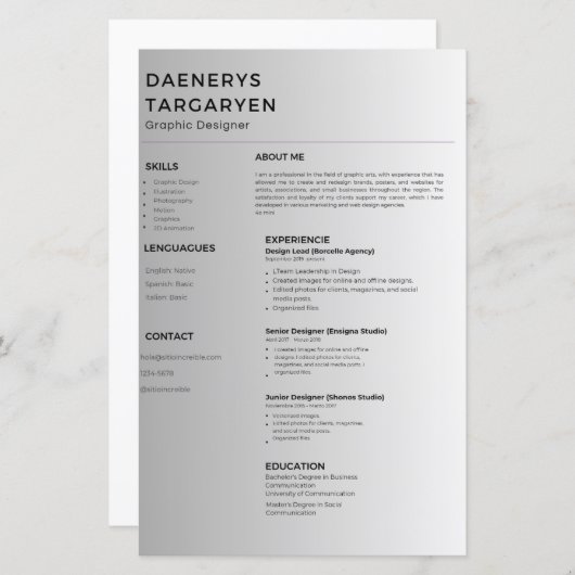 Papier customizable resume sheet curriculum vitae (Devant / Derrière)