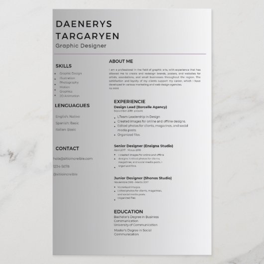Papier customizable resume sheet curriculum vitae (Devant)