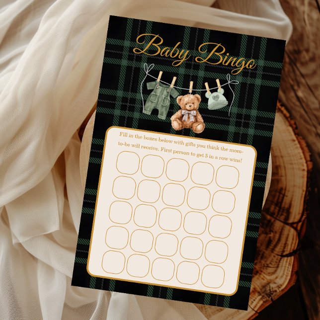 Papier Cute Bear Forest Plaid Baby Shower Bingo Game (Créateur téléchargé)