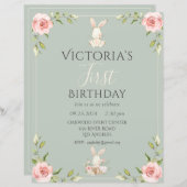 Papier Cute Bunny Premier Anniversaire Green Budget Invit (Devant / Derrière)