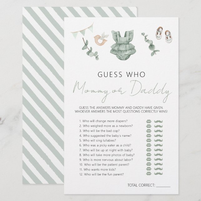 Papier Cute Eucalyptus Baby shower Jeu maman ou papa (Devant / Derrière)