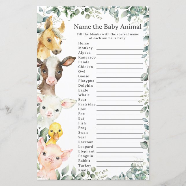 Papier Cute Farm Animaux Végétation Nom Bébé Animal Jeu (Devant)