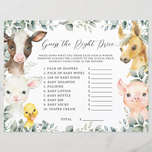 Papier Cute Farm Animaux Verdure Guess Juste Prix Jeu (Devant)