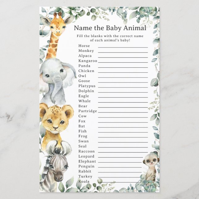 Papier Cute Jungle Animaux Végétation Nom Bébé Animal Jeu (Devant)