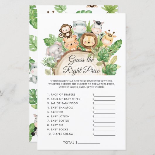 Papier Cute Jungle Devine le bon prix Baby shower jeu (Devant / Derrière)