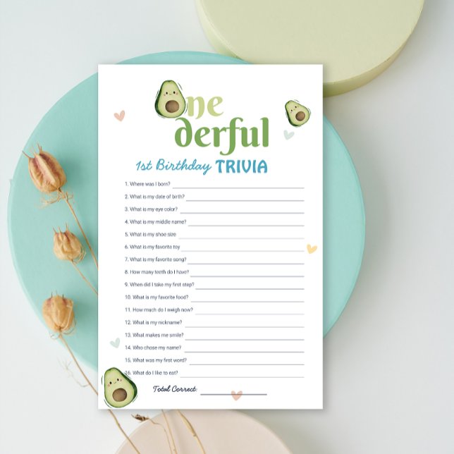 Papier Cute Onedering Avocado 1er anniversaire Trivia Jeu (Cute Onederful Avocado 1st Birthday Trivia Game)