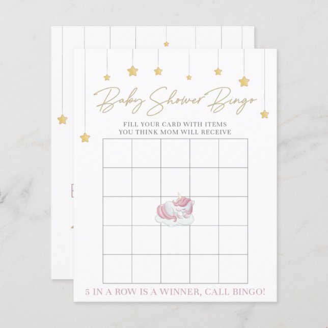 Papier Cute Pink Unicorn Baby shower Bingo Jeu (Devant / Derrière)