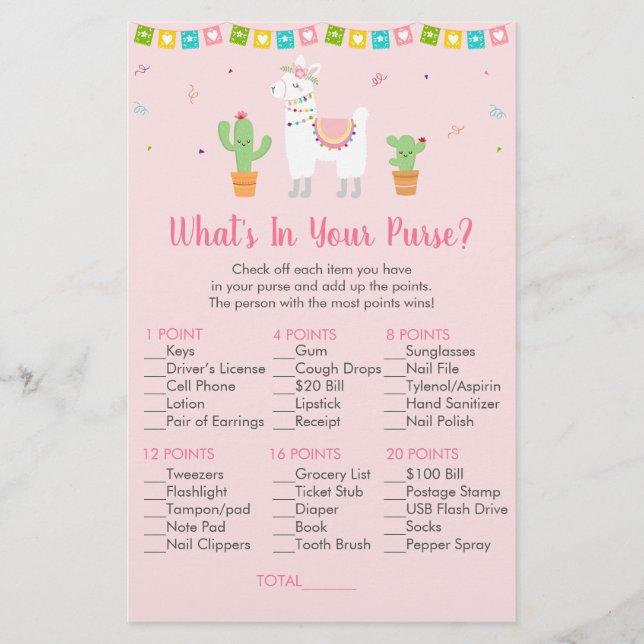 Papier Cute Rose Llama Fiesta What's In Your Purse Game (Devant)