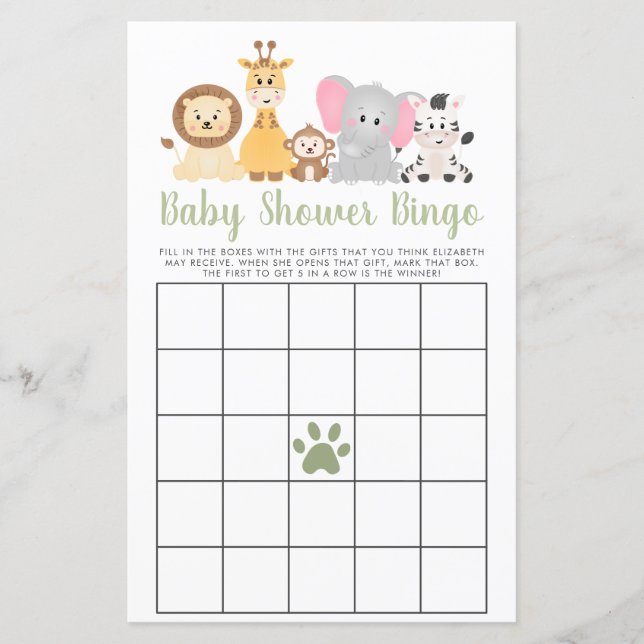 Papier Cute Safari Animaux Baby shower Bingo Jeu (Devant)