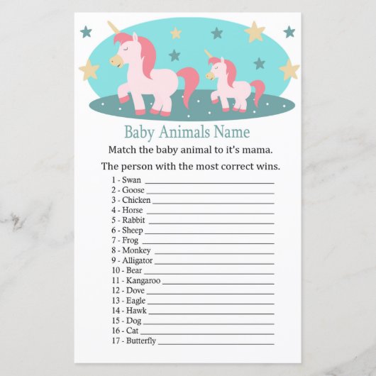 Papier Cute Unicorn Bébé Animaux Nom Jeu (Devant)