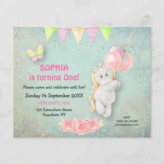 PAPIER | Cute Unicorn First Birthday Invitation Flyer (Voorkant)