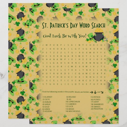 Papier Cutesy Luck for Irish Word Search Game (Devant / Derrière)