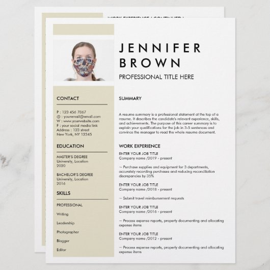 Papier CV minimal jaune avec photo (Devant / Derrière)