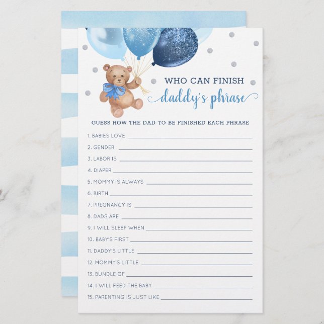 Papier Daddy's Phrase Jeu Baby shower Teddy Bear (Devant / Derrière)