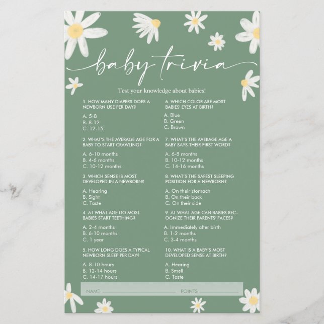 Papier Daisy Sage Green Baby Trivia, Baby shower Jeu (Devant)