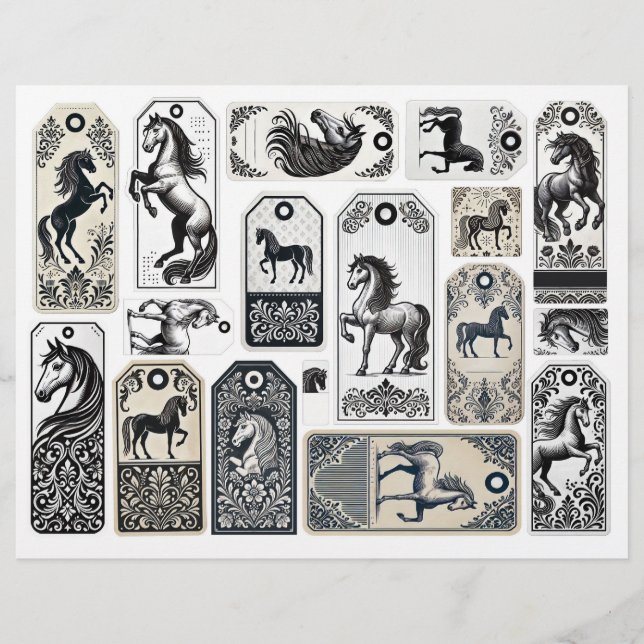 Papier Damask Flourished Tags avec Chevaux (Devant)