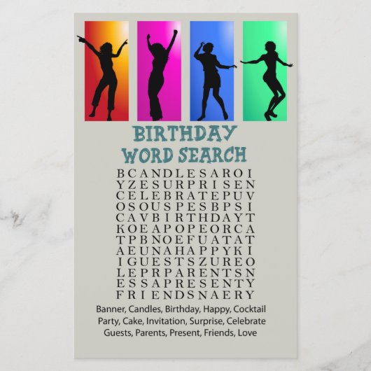 Papier Danse Anniversaire Mot de recherche Jeu (Devant)
