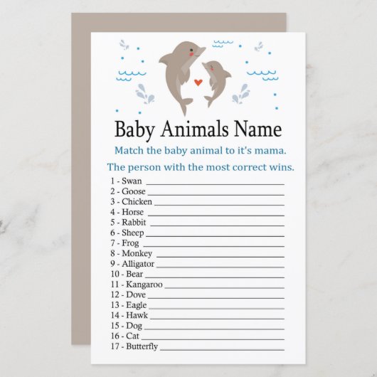 Papier Dauphin Bébé Animaux Nom Jeu (Devant / Derrière)
