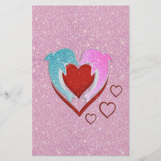Papier Dauphins bleu rose mignons tenant un coeur rouge (Devant)