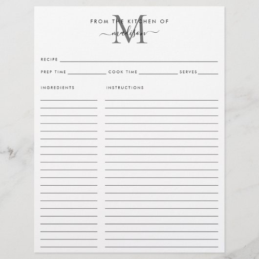 Papier De la cuisine de la recette de monogramme gris arg (Devant)