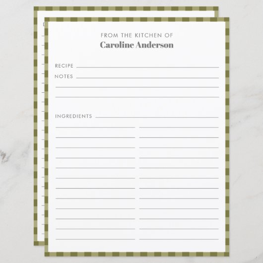Papier De La Cuisine | Insertion de recette vert olive (Devant / Derrière)