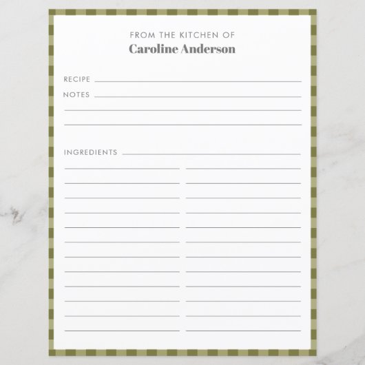 Papier De La Cuisine | Insertion de recette vert olive (Devant)