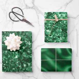 Papier de Noël Satin et Paillettes Vert Feuille