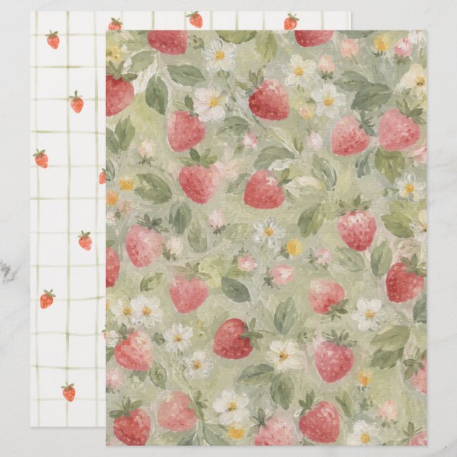 Papier de scrapbook Fleurs et Fraises (Devant / Derrière)