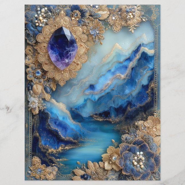 Papier de scrapbook Junk Journal Paysage Or Bleu (Devant)