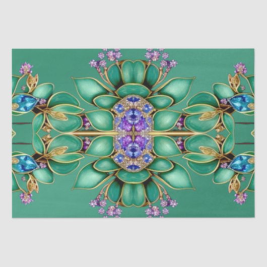 Papier de soie à feuilles vertes et gemmes violett (Recto)