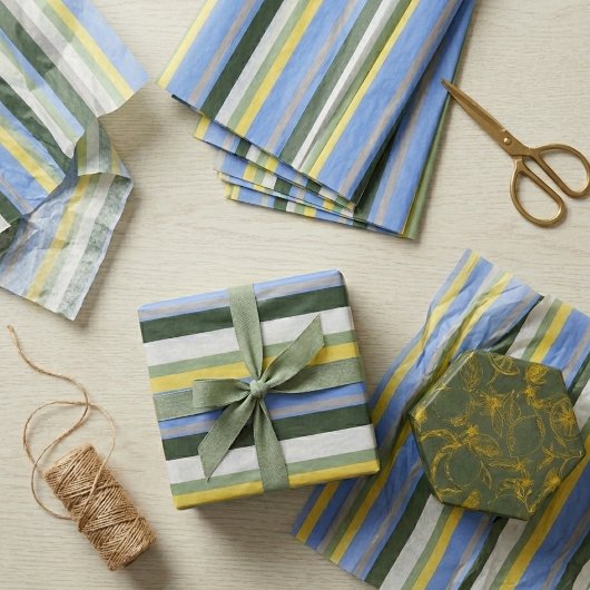 Papier de soie à rayures bleu vert jaune