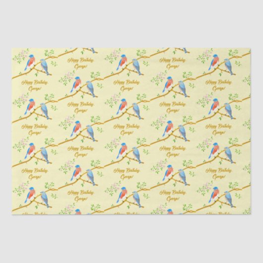 Papier de soie bleu oiseaux jaune pâle (Recto)