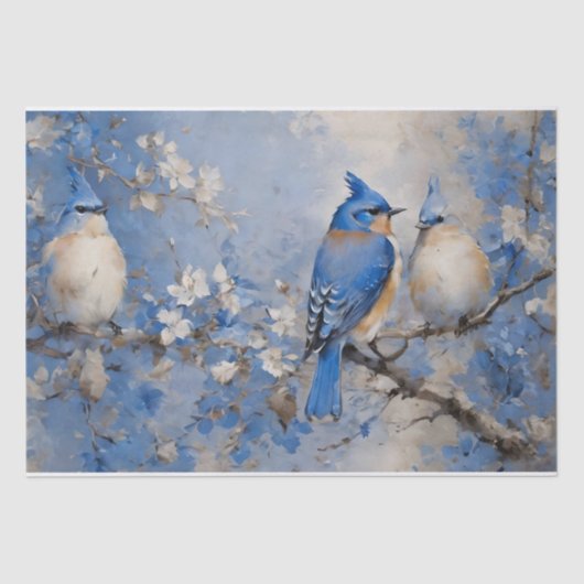 Papier de soie découpage Oiseaux bleus et fleurs (Recto)
