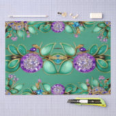 Papier de soie feuilles vertes gemmes violettes (Artisanat)