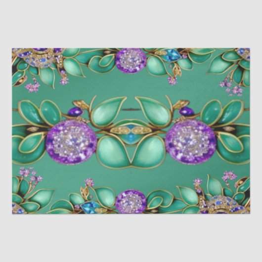 Papier de soie feuilles vertes gemmes violettes (Recto)